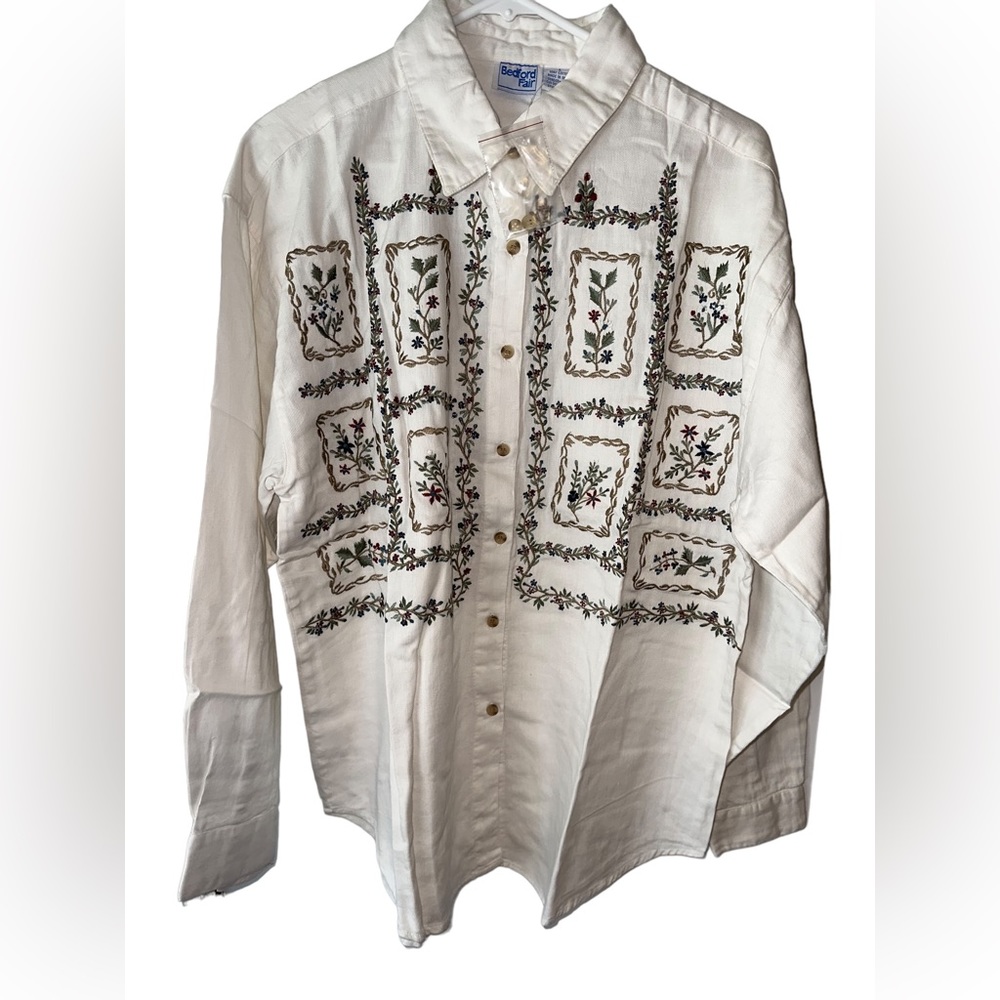 Vintage Bedford Fair Embroidered Button Down Top Ivory Large L
